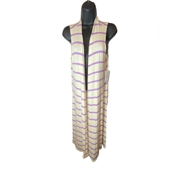 LuLaRoe Joy Vest Cream Purple Stripe Duster Women's Size XS - NWT - Picture 1 of 12